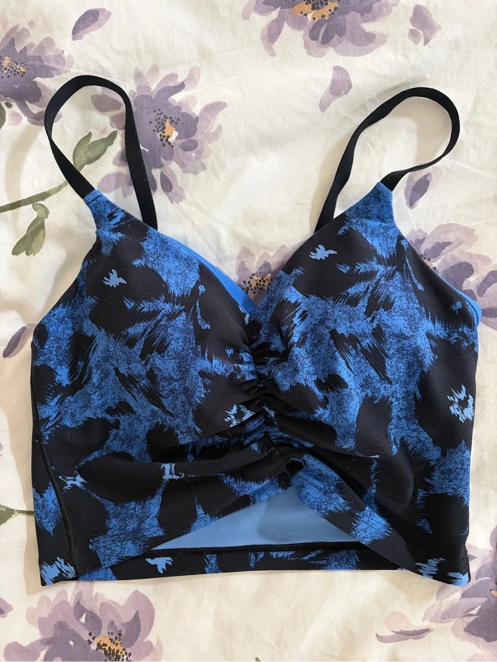 High-Waist Blue & Black Floral Leggings with Matching Crop Top